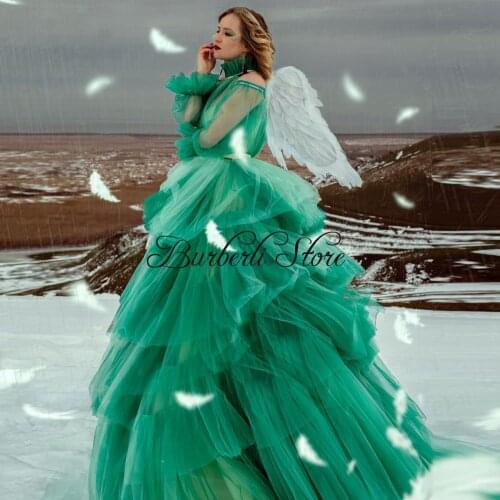 Modern High Neck Puff Sleeves Tulle Prom Party Dress To Photography Pretty Ruffles Floor Length Women Prom Gowns See Thru