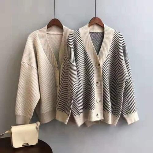Korean Stripe Cardigans Women Autumn Winter V Neck Long Sleeve Sweater Loose cardigan femme sueter mujer