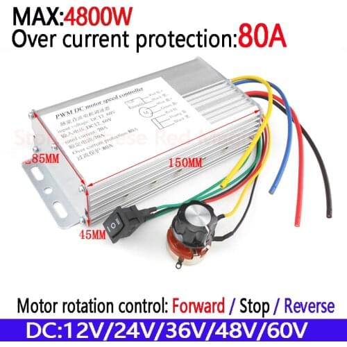 Free shipping DC Motor Controller 4800W High Power 80A 12V24V36V48V60V Motor Drive Motor rotation control Forward Stop Reverse