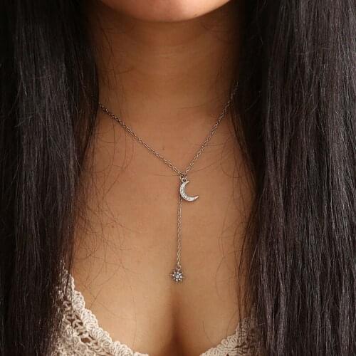Vintage Elegant Rhinestone Star Moon Sun Pendant Necklace for Women Long Chain Geometric Clavicle Necklace Jewelry Kolye GN89