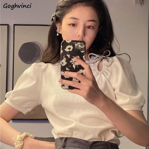 Women Short Sleeve T-shirts Puff-sleeve Design Bow Hole Solid Korean Style O-neck Tshirts for Womens Girls Lovely All Match Chic