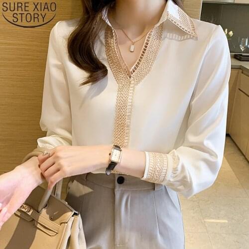New office lady Elegant V-neck Lapel Chiffon Shirt Tops 2021 Autumn Hollow Out Embroidery Blouse Women Shirts Blouses 15939