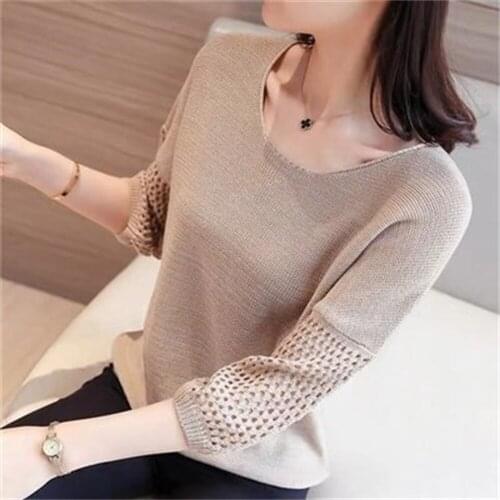 Blouse Women Thin Section Hollow Knitted Sweater Female Round Neck Solid Color Fashion 3/4 Sleeve Bottoming Pullover Blouse H477