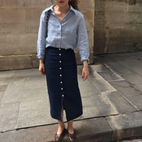 Women Summer High Waist Cotton Linen Pencil Skirt Dark Blue Single Breasted Faldas Mujer Moda 2019 Vintage Jupe Longue Femme