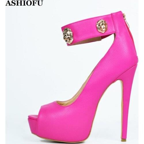 ASHIOFU Handmade Real Photos Women High Heel Platform Pumps Metal-heads Party Prom Dress Shoes Peep-toe Evening Fashion Pumps