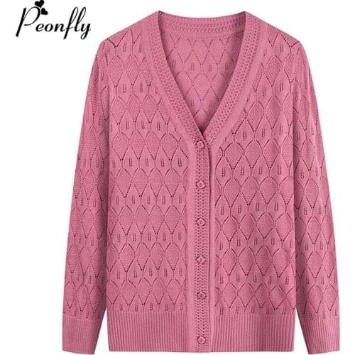 PEONFLY Fashion Solid Color Women Knitted Cardigan Coat Autumn Winter 2020 Casual V Neck Long Sleeve Crochet Knitwear Clothes
