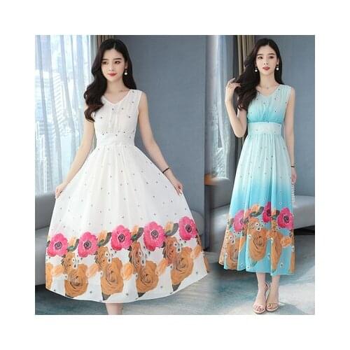 Women Dress Chiffon Floral Print Sleeveless V-neck Long A-line Vintage Roupa Feminina Vestidos Robe Sukienka 3660