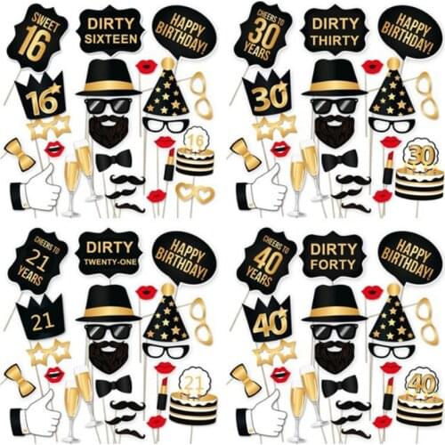 34pcs/lot Happy Birthday Photo Booth Props 30 40 50 60th Anniversary Birthday Decoration Funny Photobooth Props Party Supplies