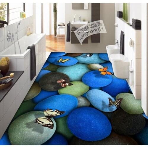 3D Pvc Flooring Custom Wall Sticker Colorful Pebble Butterfly 3D Bathroom Flooring Painting Photo Wallpaper for Walls 3d