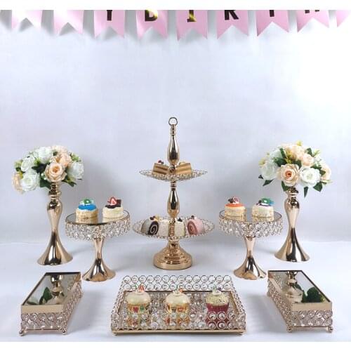 4-9pcs Mirror Gold Crystal Cake Stand Risers Dessert Tray Set cupcake stand Display Decoration Tools Wedding Party birthday