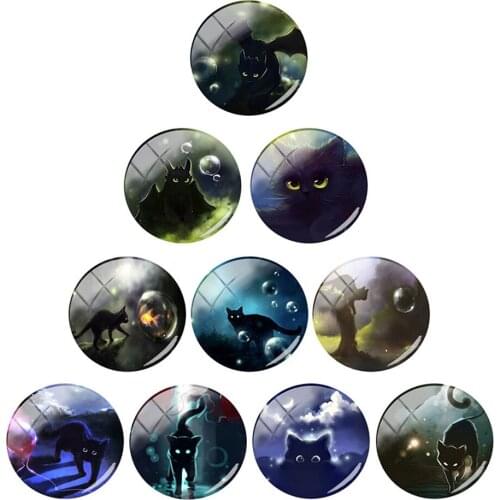 50pcs Mix 10 Styles Round Glass Cabochon Cartoon Black Cat at Night Flatback Glass Cabochons DIY Crafts Embellishments GC158