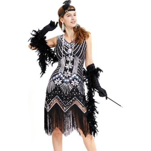 Women Vintage 1920s Deco Fringe Flapper Dress Gold Sequins Dinner Party Formal Gowns Ballroom Dresses