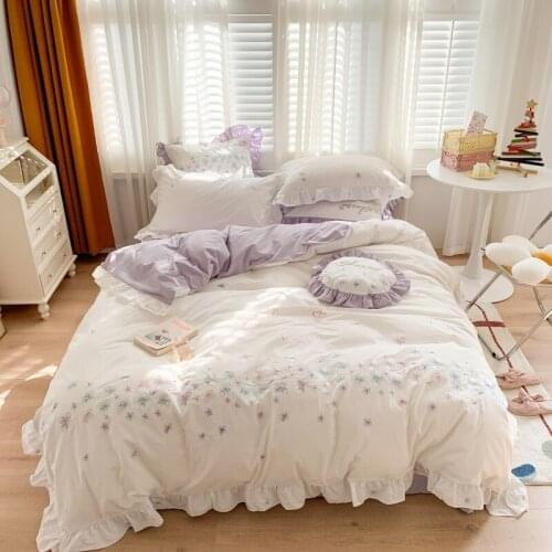 Luxury Princess Style Floral Embroidery Super Soft Washed Cotton Girl Bedding Set Ruffle Duvet Cover Bed Sheet Pillowcases 4/7Pc