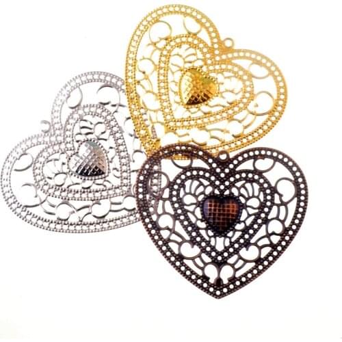 Free shipping 5Pcs Antique Copper/Gold/silver Filigree Heart Wraps Metal Crafts Gift Decoration DIY Findings Connectors 65x58mm