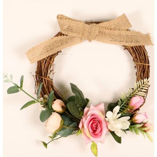 Artificial Rose Flower Wreath with Linen Bowknot Home Decorations Accessories Wedding Decoration Hanging Wall Wreath Christmas