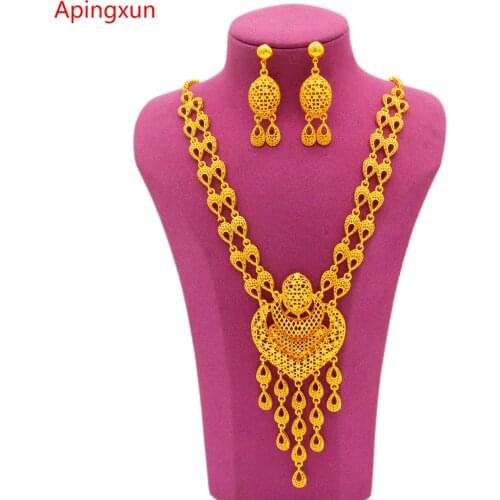 Apingxun Dubai 24K Gold Color Necklace&Earrings Jewelry Set For African/French Women Bridal Wedding Luxury Decoration Party Gift