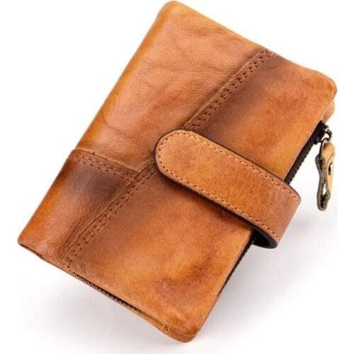 Retro Genuine Leather Wallet Women Top Grain Cow Leather Purse Female Short Womens Wallet Retro Yellow Red Brown