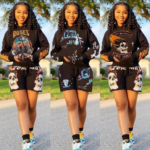 TNNAOFF Aesthetic Print Two Piece Hooded Tracksuits Women Set Long Sleeve Crop Top Sexy Sweatshorts Lounge Wear Matching Sets