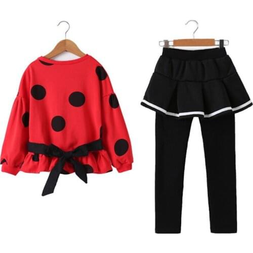 Fashion Spring Autumn Baby Girls Long Sleeve Sweatshirt point bow T-Shirt+Culottes 2Pcs/Set Sets Children Suit