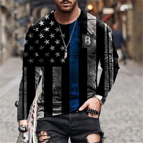 Mens Fashion Vintage Black White Striped T-shirts 2021 Summer New Oversized National Flag Print Long Sleeve O Collared T Shirts