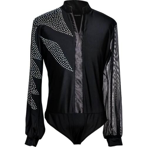 Latin Dance Shirts Men Rhinestone Net Yarn Long Sleeve Competition Mens Dance Top Cha Cha Rumba Samba Dancewear Mens DNV10992