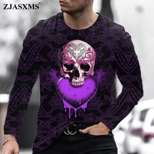 New Halloween Men Skull Print T Shirt Spring Autumn Casual O Neck Long Sleeve Tops Daily All match Men Top Retro Poker Tee Shirt
