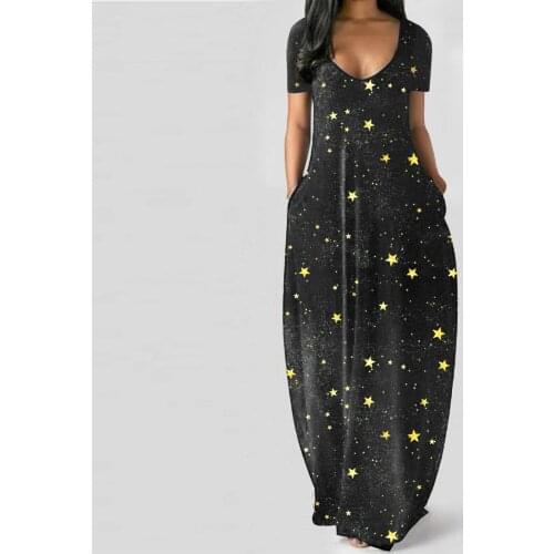 40# Boho Maxi Dress Woman Vintage Printed Short Sleeve O-neck Dresses For Women 2021 Loose Long Dress Oversized Robe Femme