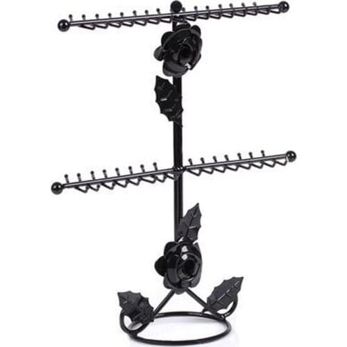 XRHYY Double Level Jewelry Display Stand Rose Flower Jewelry Holder Stand Hook Vintage Elegant Necklace Bracelet Display Rack