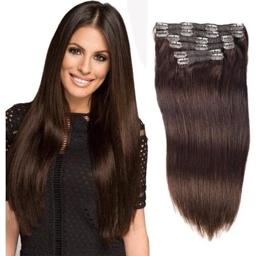 Toysww 100% Real Human Hair Extension Full Head 6Pcs/Set Clip in Hair Extensions Dark Brown Color #2,100g 120g