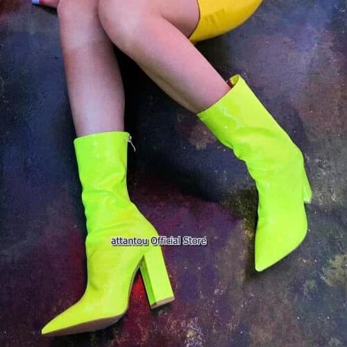 Bright Fluorescent Green Neon Pink Chunky Heeled Ankle Boots Shiny Bling Bling Woman Sexy High Heel Short Boots Party Shoes