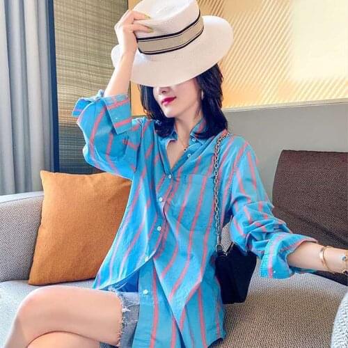 Blue Stripe Shirt Women 2021 Spring Autumn New Korean Loose Long-sleeve Single-breasted Turndown Collar All-match Blouse Y677