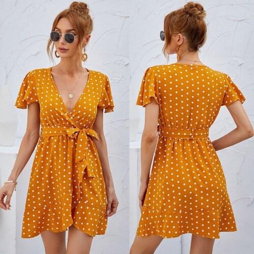 2021 Sweet Women Summer Polka Dot Print Dress Sashes V-Neck Short Sleeve Slim Dresses for Streetwear