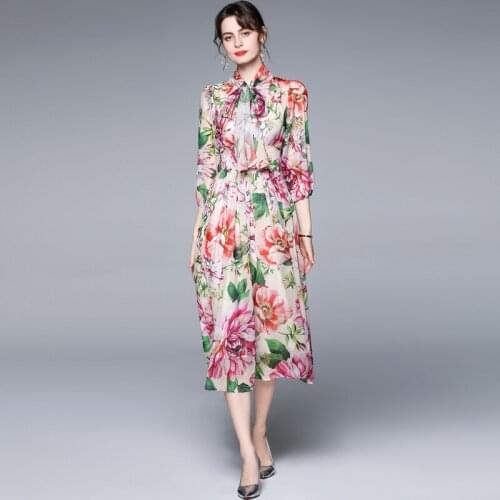 Menahem 2021 Summer Runway Beach Boho Chiffon Dress Womens Bow Collar Puff Sleeve Floral Print Holiday Pleated Midi Dress