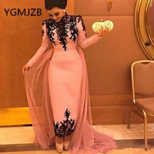 Robe De Soiree 2019 Elegant Muslim Evening Dresses Sheath Long Sleeves Appliques Lace Saudi Arabic Women Formal Prom Party Dress