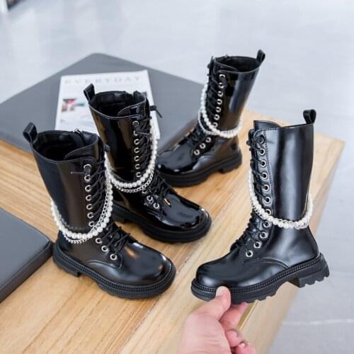 8 10 years Girls Winter Boots 2021 New Fleece Warm Pearl Chain Fashion Kid Girls Shoes