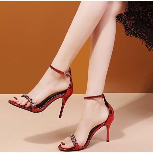 2021 summer new high-heeled stiletto sandals female fashion rhinestone one word buckle banquet dress bag high heels