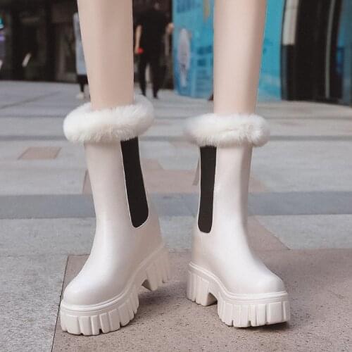 2021 Winter Platform Chelsea Boots Women Leather Chunky Sneakers Warm Cotton Snow Boots Ladies British Style Fur Mid-Calf Boots