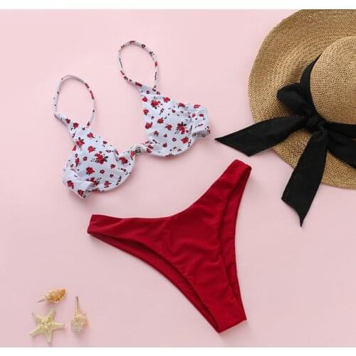 Floral Print V-bar Underwire Bikini 2021 Female Swimsuit Women Swimwear Two-piece V shape Wire Bikini Set Bather Bathing Suit