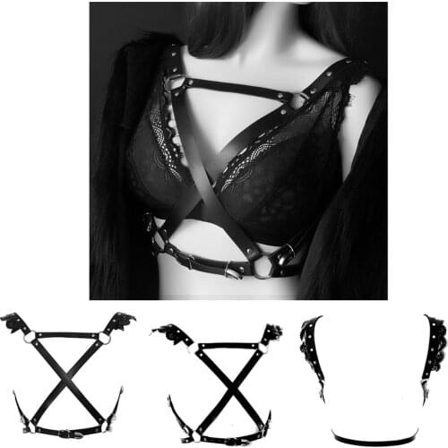 Black Leather Body Harness Hollow Bra Crop Tops Lingerie Garters Belt Sexy Plus Size Cage Punk Bralette Elastic Dance Club