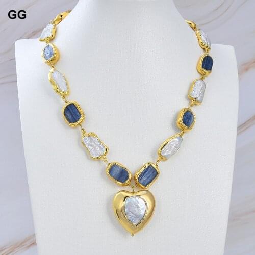 GG Jewelry 19" Natural White Biwa Pearl Blue Kyanite Cultured White Heart-Shaped Pearl Gold Color Pendant Necklace Gifts women