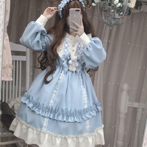 Gothic Lolita Dress Soft Sisiter Bow Bear Lace Red Blue Pink Dress Women Princess Dress Halloween Costume for Girls dress