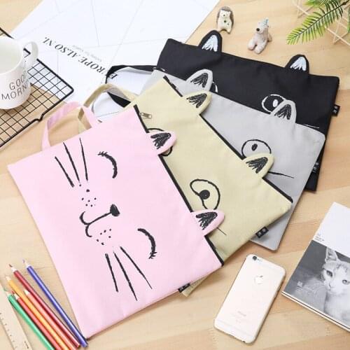 Cute Cat Zipper Canvas Paper Bag Student Stationery Cartoon Test Paper Storage Bag Handbag Folders A4 Documents File Bag Folder