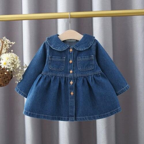 Cute Baby Girls Denim Dresses Spring Autumn Toddler Kids Rabbit Ears Solid Single-Breasted Jean A-Line Dress Children Clothes