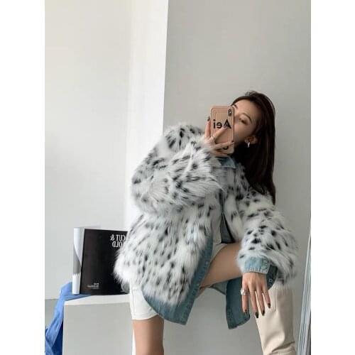 Fashion casual lady fur coat fox fur coat medium long suit collar leopard print fur fur coat Korean version of jacket