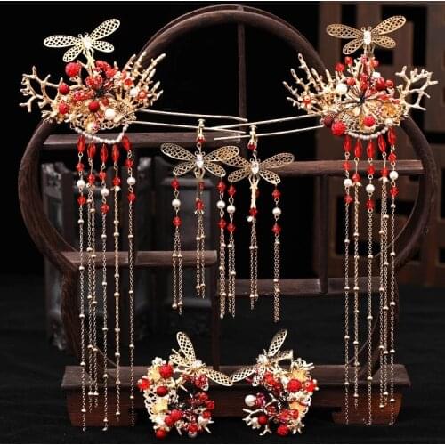 New Chinese Bride tiara Red Headdress Classical Butterfly Tassel Hair clip hair comb Earrings step Rocking Suit Wedding hair acc