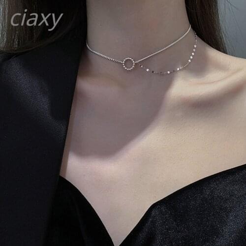 CIAXY 925 Sterling Silver Asymmetric Choker Necklace Women 2021 Fashion Double Chain Ring Necklace Geometric Trendy Jewelry