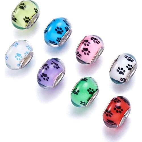 PandaHall 100pcs Acrylic European Beads Dog Paw Pattern Large Hole Rondelle Mixed Color for Jewelry Making DIY Craft 14x9~10mm