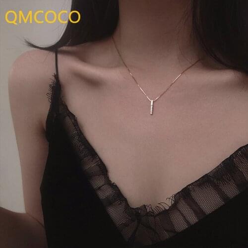 QMCOCO Strip Shape Geometric Pendant Necklace For Women INS Korean Version Minimalist 925Silver Necklace Trendy Collarbone Chain