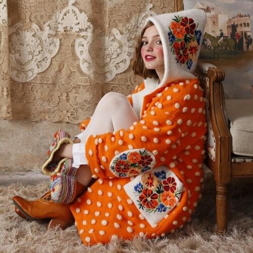 Shipping Women Free Winter Sweet Cute Mori Girl Hooded Woolen OvercoatThree-dimensional Jacquard Embroidery Thick Warm Outerwear