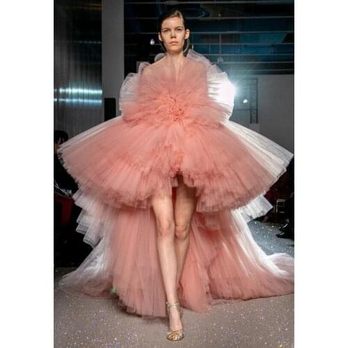 Chic Ruffles High Low Prom Formal Dresses Puffy Lush Tulle Ball Gown Evening Party Dress Strapless Court Train Pageant Gowns